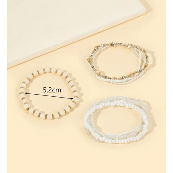 White Seed Bead Neutral Stretch Stacking Bracelet Set - Picture 2 of 3